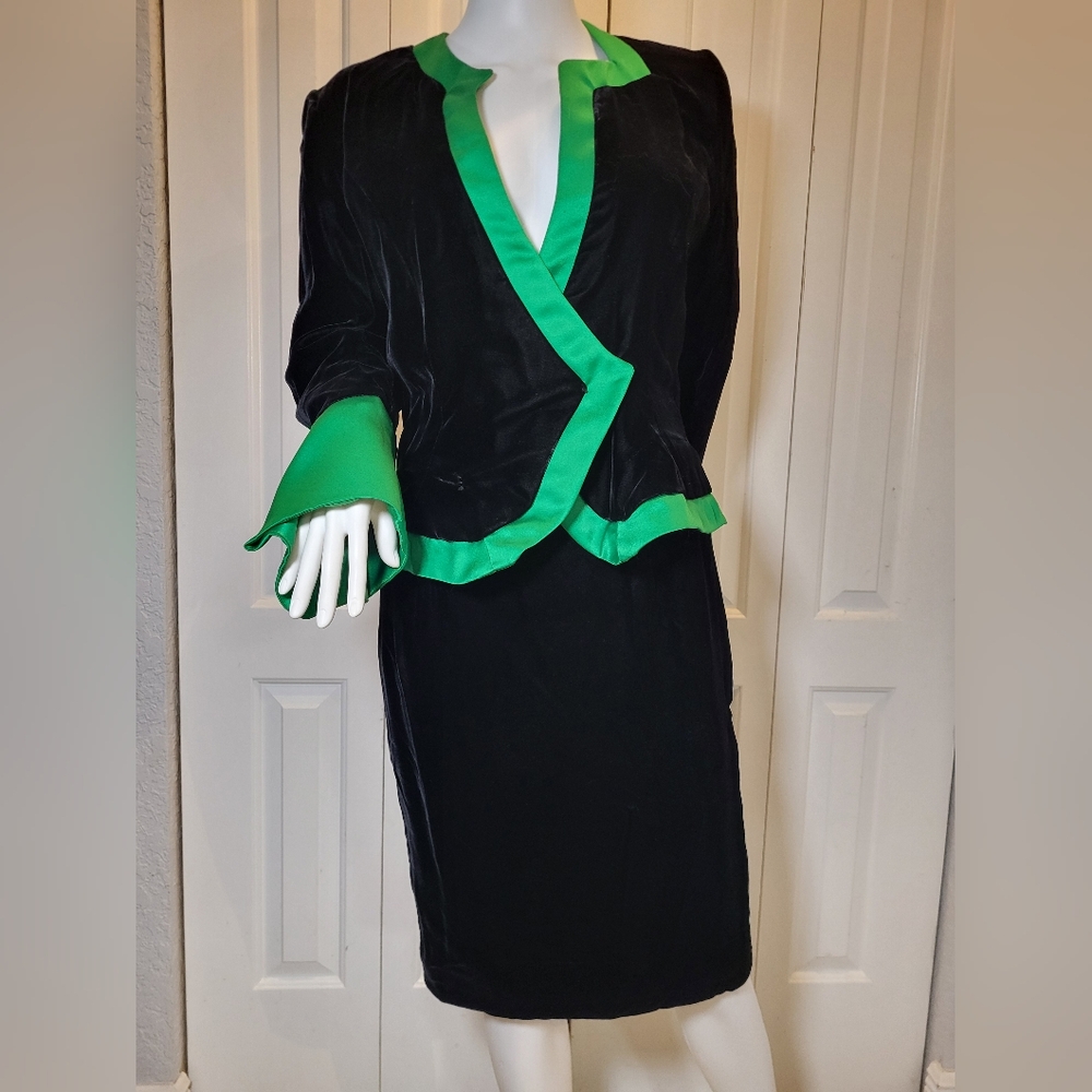 Vintage 80s Suede Black and Green Womans Suit And Skirt